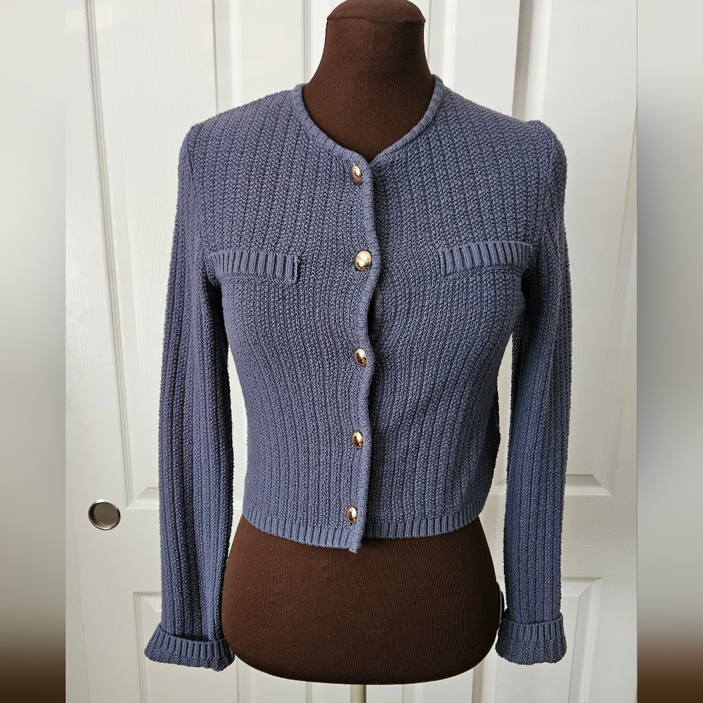 H&M Textured Knit Cardigan in Slate with Gold Accents